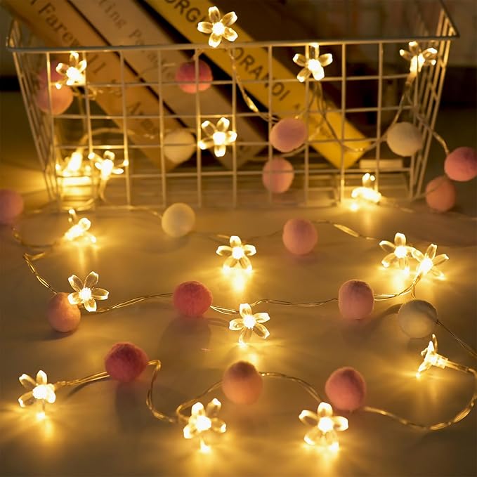 9.85Ft Fairy Lights 20 Cute Pink Pompoms 20 LEDs Cherry Blossom String Garland Battey Operated with Timer Flower Lights for Bedroom Kids Room Party Birthday Wedding Valentines Decoration-CasaMuseHome
