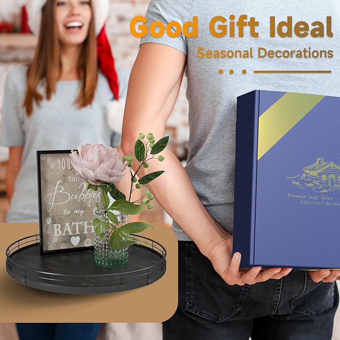 13" Oak Bathroom Vanity Tray Turntable for Perfume Candle, Round Wooden Decorative Tray for Kitchen Sink Countertop Organizer, Bathroom Counter Organizer for Skincare Makeup, Farmhouse Black Gold-CasaMuseHome