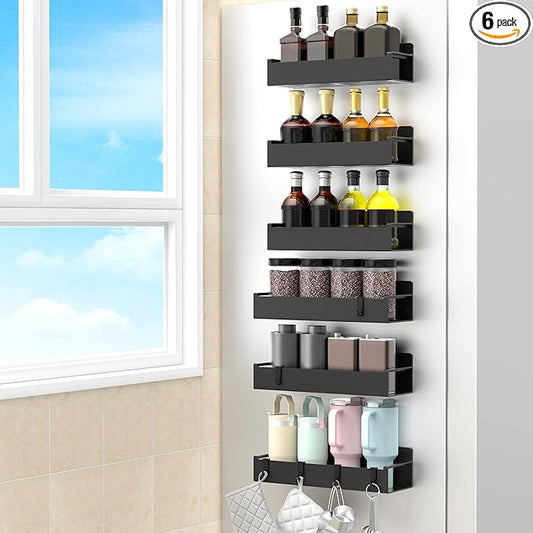 6 Pack Magnetic Spice Rack Organizer for Refrigerator and Oven, Black Fridge Organizers and Storage for Kitchen-CasaMuseHome