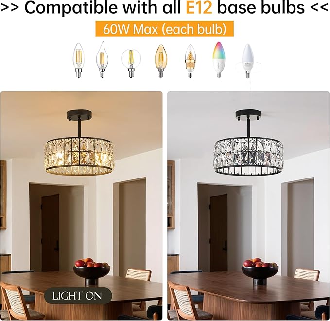 12” 3-Light Modern Crystal Chandeliers Black Dinning Room Light Fixture with Two Poles, Round Pendant Light Kitchen Island Chandelier, Flush Mount Ceiling Light for Living Room Entryway-CasaMuseHome