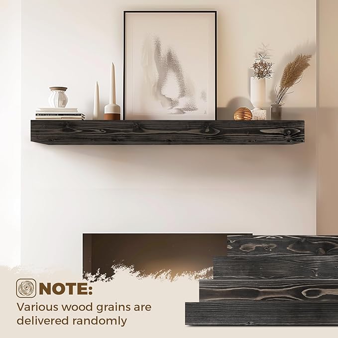 48x8x5 Fireplace Mantel - Handcrafted Hollow Rustic Solid Wood Wall Mounted Floating Shelf with Invisible Heavy Duty Wood Bracket (Weathered Black)-CasaMuseHome