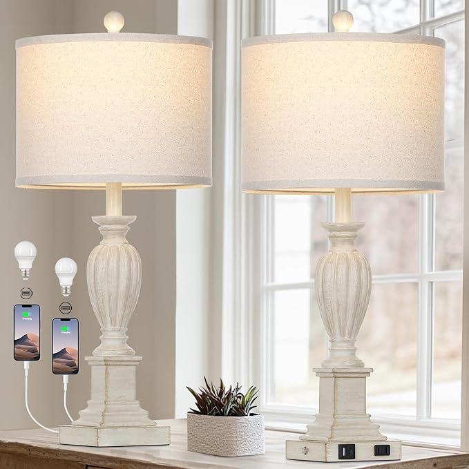 27" Farmhouse 3 Way Dimmable Touch Table Lamp Set of 2 Rustic Classic Bedside Nightstand Wood Lamps for Living Room Bedroom with USB C+A Ports Washed White (2 Bulbs Included)-CasaMuseHome