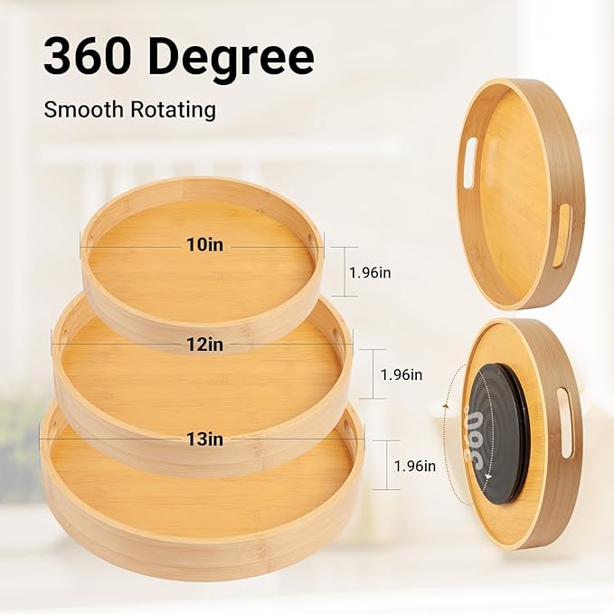 12in Bamboo Lazy Susan Organizer for Countertop and Cabinet with Large and Stable Chassis,Round Rotating Bamboo Tray for Station Organizer,for Kitchen Bathroom Laundry Room (12in)-CasaMuseHome