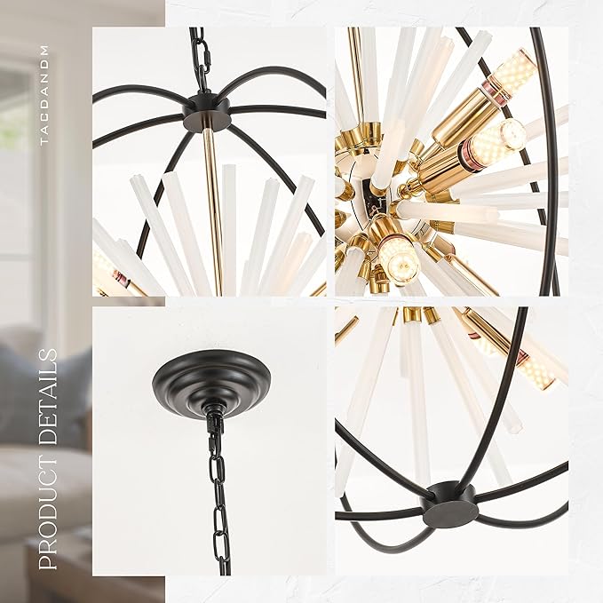 23.6" Black Gold 12-Light Globe Sputnik Chandelier Modern Adjustable Hanging Ceiling Glass Tube Pendant Light Fixture for Entryway Foyer Staircase Dining Living Room Hallway-CasaMuseHome