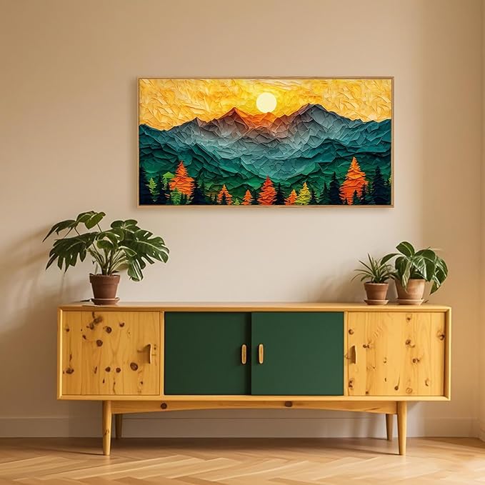 Abstract Sun Mountain Framed Canvas Wall Art Set, Forest Pine Tree Golden Sunset Wall Decor, Mixed Patchwork Landscape Art Print for Living Room, Bedroom, Dining Room, Office - 20"x40"-CasaMuseHome