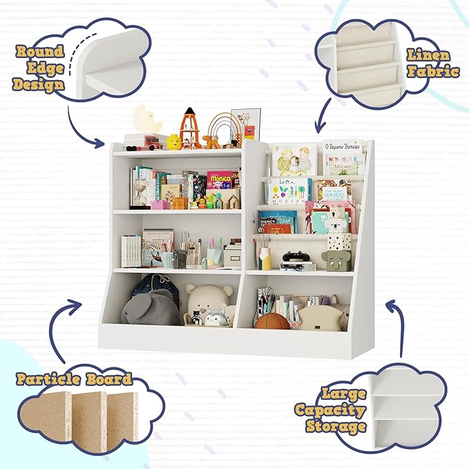 39" Large Kids Wooden Bookshelf and Toy Storage Organizer, Baby Bookcase with Sling Book Rack, Children Toddler Wooden Book Shelf for Kids Rooms, Playroom, Classroom, Nursery, School (White)-CasaMuseHome