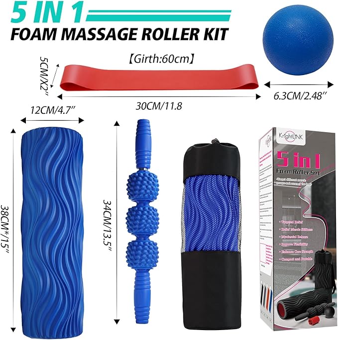 5-in-1 Foam Roller Set, Massage Roller Stick, Massage Ball, Resistance Band for Deep Muscle Massage, Trigger Point Release, Pilates, Yoga (Blue-Wave)-CasaMuseHome