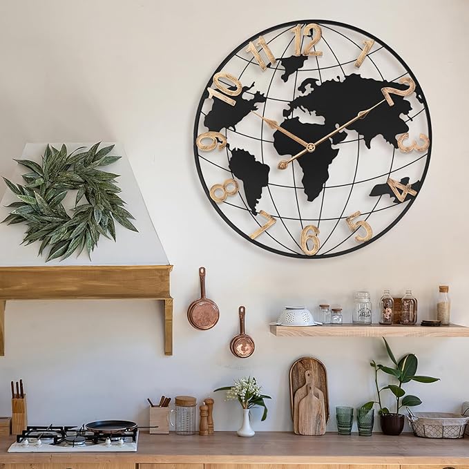 20 Inch Large Wall Clock for Living Room Decor,Big Modern Decorative Silent Metal World Map Wall Clock with Vintage Gold Arabic Numeral for Office,Living Room,Kitchen,Dining Room-CasaMuseHome