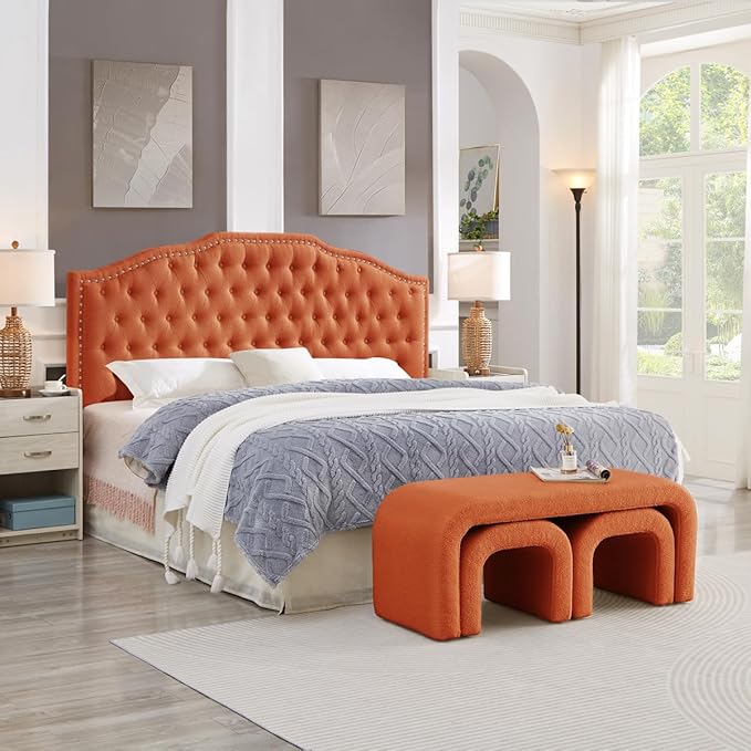24KF Upholstered Button Tufted King Size Headboard with Nailhead Trim, Elegant Boucle Fabric California King headboard, 6031-K-Boucle-Orange-CasaMuseHome