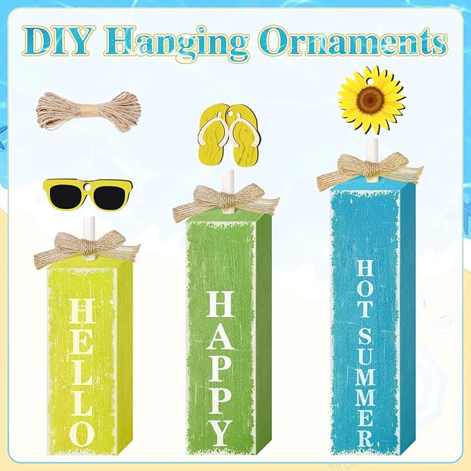 3 PCs Wooden Tiered Tray Decor Hello Happy Hot Summer Rustic Table Decor Block Signs for Beach Island Home Office Decorations (Summer-1)-CasaMuseHome
