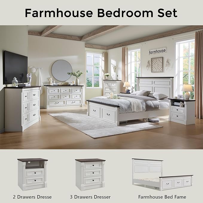 26" Tall Farmhouse Night stand Set of 2, 2 Drawers End Table w/Charging Station, 23.6" Wide Wood Side Table w/Roman Column, Large Rustic Sofa Table w/Open Shelf, Bedside Table for Bedroom, White-CasaMuseHome