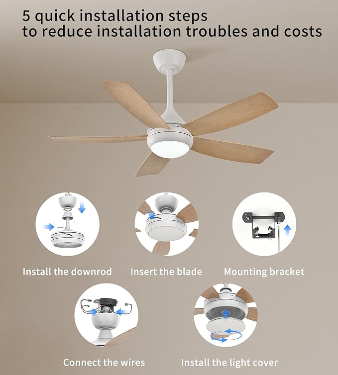 42" Ceiling Fan with Lights, 5 Blades, 6 Speeds DC Reversible, Dimmable, Low Profile Ceiling Fan with Light and Remote Control for Bedroom or Living Room-CasaMuseHome