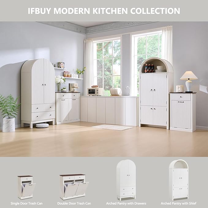 71" Tall Arched Bathroom Storage Cabinet, Modern Fluted Storage Cabinet w/Doors, 3 Adjustable Shelves, 6 Door Shelves, Wood Freestanding Cabinet for Bathroom, Entryway, Hallway, Antique White-CasaMuseHome