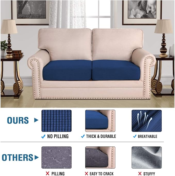 H.VERSAILTEX Super Stretch Individual Seat Sofa Covers Slipcover Sets Thick Jacquard Textured Twill Fabric (2 Piece Medium Sofa Cushion Covers, Navy)-CasaMuseHome