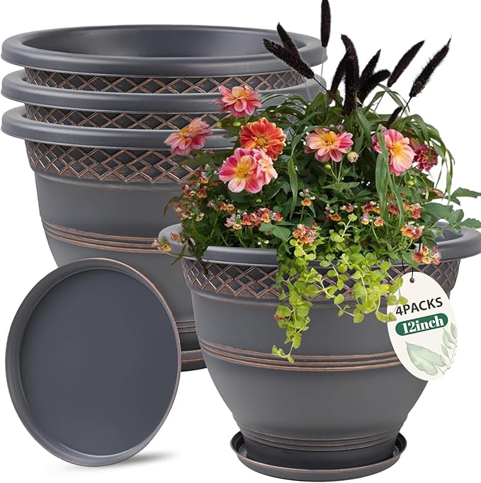 4 Pack 12 Inch Large Plant Pots, Plastic Flower Pot for Indoor & Outdoor with Drainage Holes & Saucer, Plaid Pattern Planters Garden Pots for Herbs Bronze-CasaMuseHome