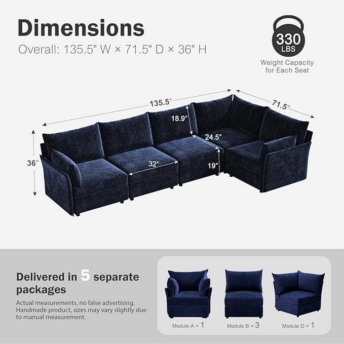 135.5" Oversized Modular Sectional Sofa, L Shaped Convertible Couch with Movable Ottoman, 5 Seat Corner Couches for Living Room Deep Seat Blue Chenille-CasaMuseHome