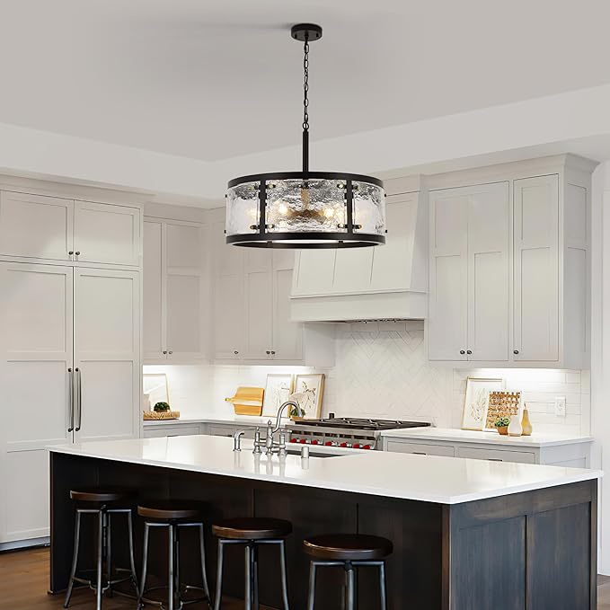 23.6" Large Farmhouse Drum Black Chandelier, 6-Light Vintage Round Glass Chandeliers for Dining Room, Industrial Light Fixture for Kitchen Living Room Stairwell, Clear Waterglass Drum Shade-CasaMuseHome
