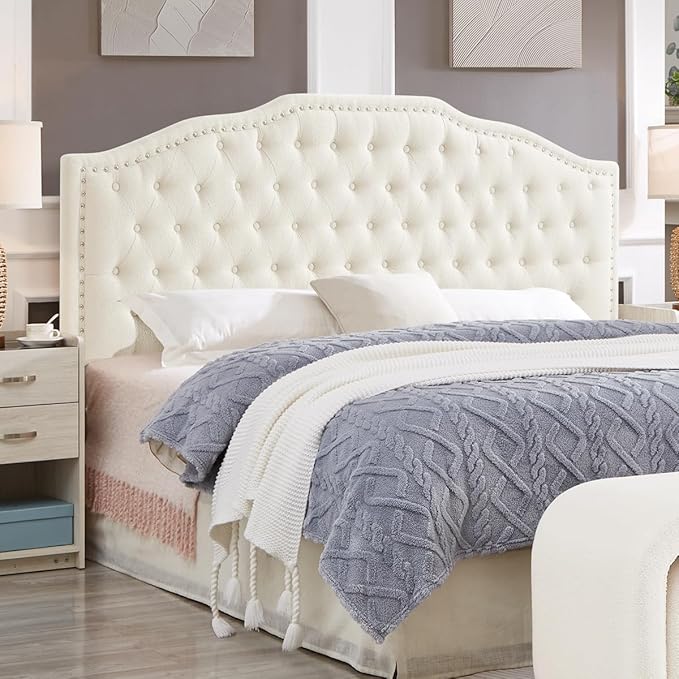 24KF Upholstered Button Tufted King Size Headboard with Nailhead Trim, Elegant Boucle Fabric California King headboard, 6031-K-Boucle-Ivory-CasaMuseHome