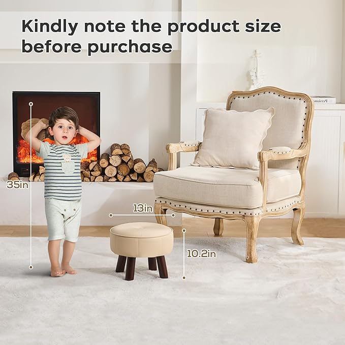 13in Small Foot Stool Ottoman, Round Faux Leather Foot Rest for Couch, Under Desk Pouf Footstool Footrest with Non-Skid Rubber Legs for Ling Room, Bedroom, 13''L x 13''W x 10.2''H, Beige-CasaMuseHome