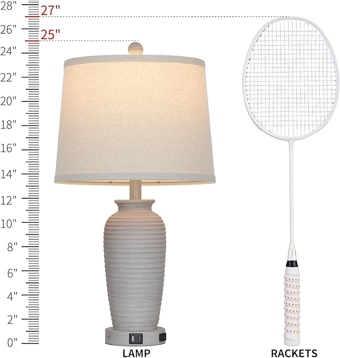 25“ Traditional Table Lamps Set of 2, Bedside Touch Lamp with USB C+A Charging Ports, Rustic Farmhouse Jar Table Lamps for Living Room Bedroom, Side Table Lamp with Beige Fabric Shade, Antique Grey-CasaMuseHome
