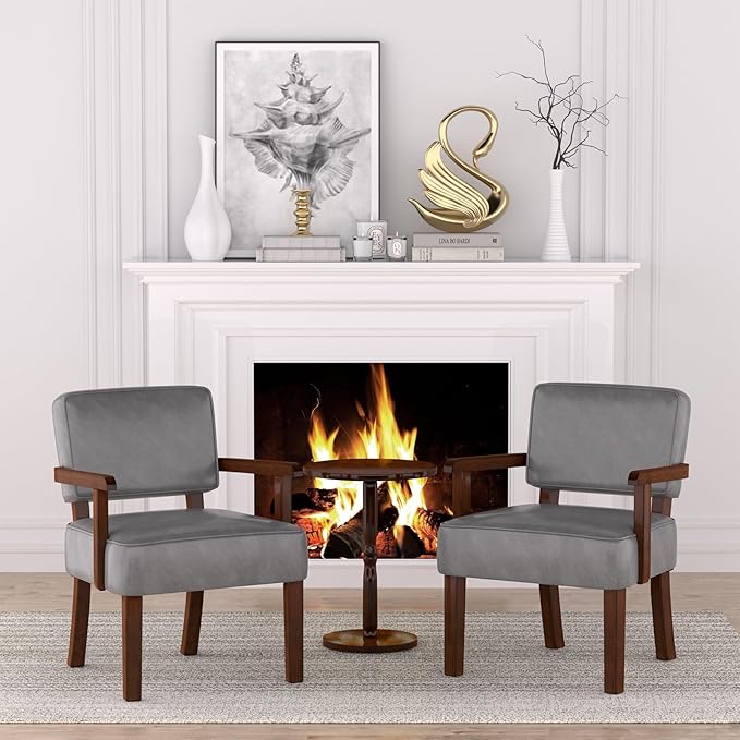 Accent Chair, PU Leather Oversized Living Room Chairs with Soft Seat and Armrests, Armchair for Bedroom, Dinning, Reading and Waiting Rooms (Leather Gray)-CasaMuseHome