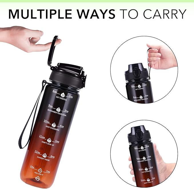 32oz Motivational Water Bottles with Time Marker & Fruit Strainer, Transparent Gradient Color Water Bottle with Times to Drink, Leakproof & BPA Free, Reusable Bottle with Strap (No Straw)-CasaMuseHome