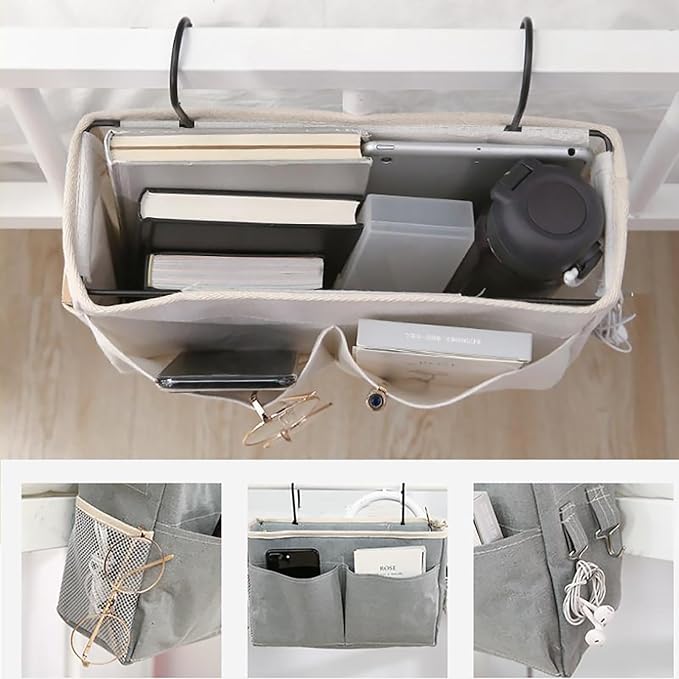 2-Pack Bedside Caddy, Bedside Hanging Storage Organizer for College Dorm Beds, Bunk Beds and Hospital Beds Rails, The Hanging Basket Can be Placed Magazine, Books, Phones,kettle, Glasses (Grey)-CasaMuseHome