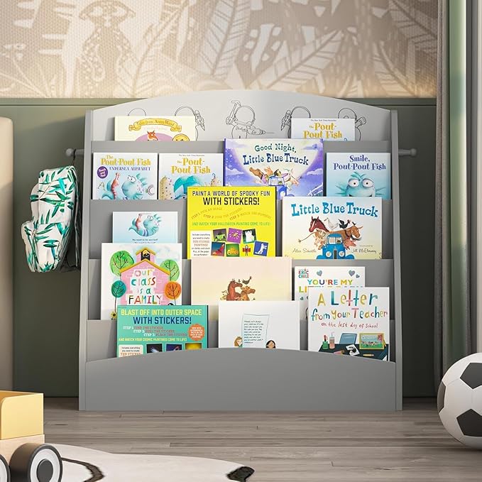 5-Tier Kids Bookshelf Montessori Toddler Book Rack Baby Bookcase Floor Front Facing Magazine Display Shelf for Bedroom Playroom Nursery Classroom Kindergarten Wood (Gray)-CasaMuseHome