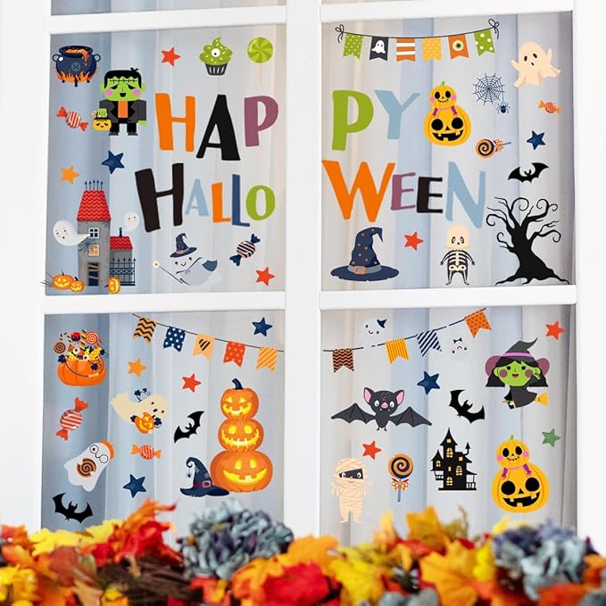 10 Sheets Halloween Window Clings Halloween Window Stickers Decorations Double-Sided Removable Castle Pumpkin Bat Glass Window Decals, Happy Halloween Window Clings for Kids Party Decorations-CasaMuseHome
