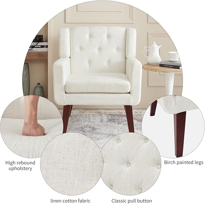 Accent Chair Button-Tufted Upholstered Living Room Chairs Comfy Reading Chair Mid Century Modern Chair with Linen Fabric Lounge Arm Chairs for Living Room Bedroom (Beige Set of 2)-CasaMuseHome