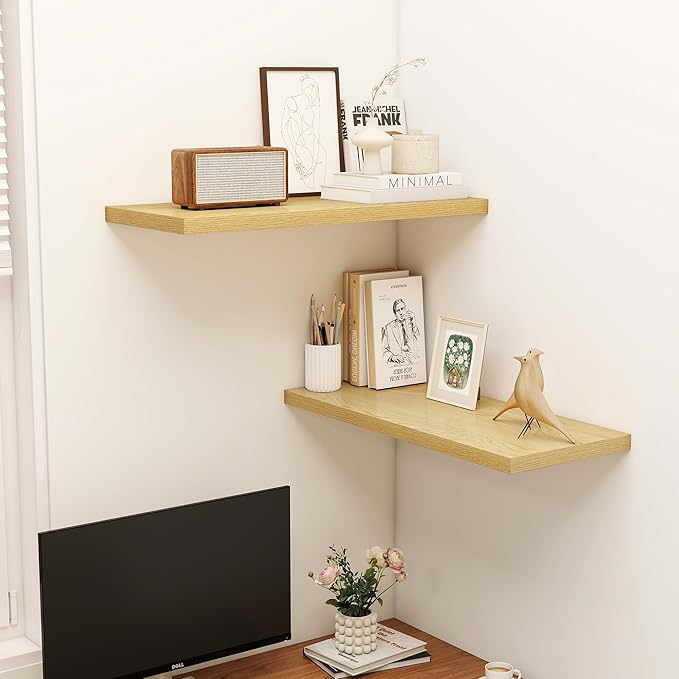 32" Floating Shelves for Wall, 12" Deep Slim Oak Floating Shelves, Wall-Mounted Shelves for Bedroom, Living Room, Kitchen, Bathroom - Set of 2-CasaMuseHome