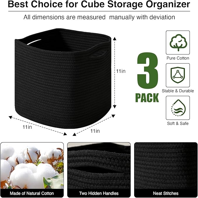 11 Inch Cube Storage Bins, Storage Cube Organizer Bins, Woven Cotton Rope Basket for Storage, Storage Baskets for Organizing Shelves, Square Baskets for Toys, Black (Pack of 3)-CasaMuseHome