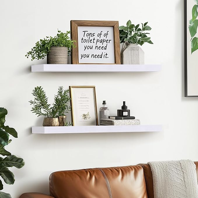 24"x6.8"x1.2" Solid Wood Floating Shelves 2-Pack - Rustic White Finish with Hidden Brackets, Perfect for Storage and Décor in Living Room, Kitchen, Bedroom-CasaMuseHome