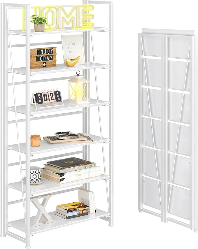 4NM No Assembly Foldable Bookshelf, 6-Shelf Collapsible Bookcase Storage for Small Spaces, 74" H, All White-CasaMuseHome