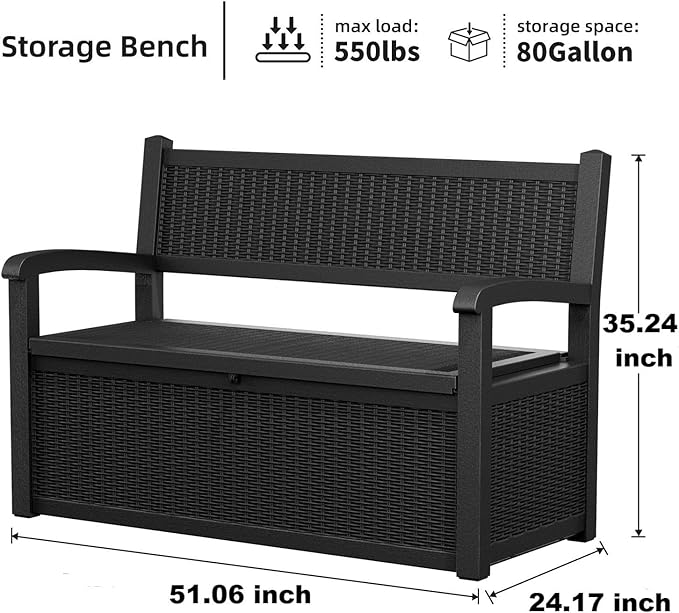 80 Gallon Storage Bench Deck Box Waterproof Lockable,Outdoor Storage Furniture for Patio,Garden and Porch,Tools and Cushions（Black）-CasaMuseHome