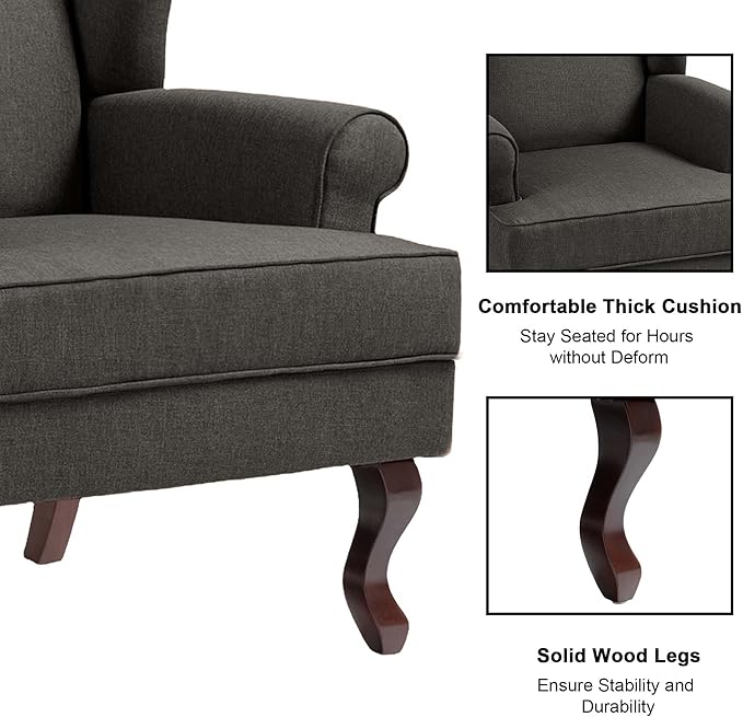 Accent Chair, High Back Upholstered Armchair with High Resilience Sponge & Wood Legs, Mid-Century Modern Comfy Single Sofa Reading Chairs for Living Room, Bedroom (Dark Grey, Set of 2)-CasaMuseHome