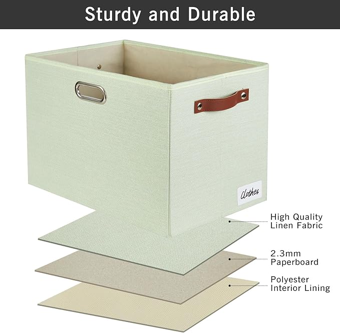 3-Pack Foldable Fabric Storage Bins with Durable PU & Metal Handles, Collapsible Storage Baskets for Shelves, Home Storage, Closet Organizers, Living Room(17"x11.8"x11.8", Sage Green)-CasaMuseHome