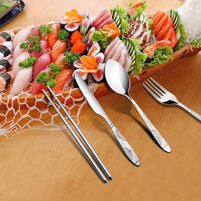 3 Pack Reusable Flatware Sets Knife, Fork, Spoon, Chopsticks, 12Pcs Portable Travel Stainless Steel Tableware Dinnerware with Carrying Case-CasaMuseHome