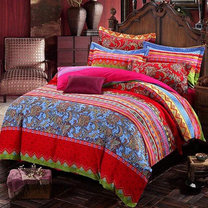 ABREEZE Bohemian Duvet Cover Set Boho Bedding Colorful Red Boho Retro Bedding Set Damask Paisley Cotton Duvet Cover Tribal Reversible Bedding Exotic Style Comforter Cover 3-Piece Cal.King-CasaMuseHome