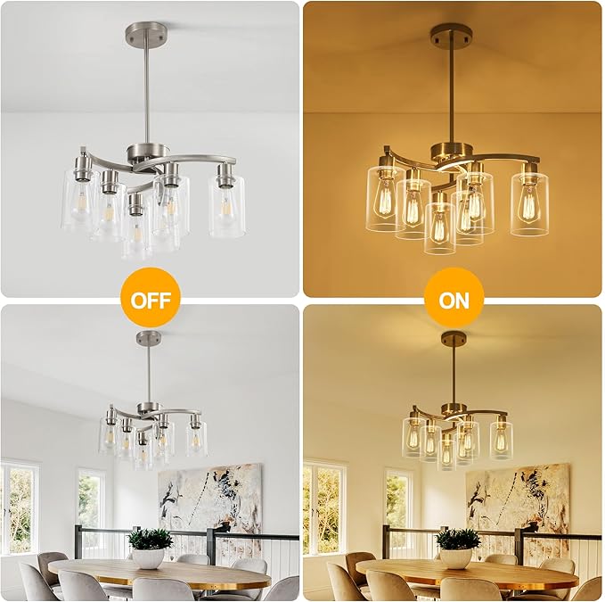 6-Light Brushed Nickel Chandeliers for Dining Room Light Fixtures Over Table, Adjustable Height Hanging Industrial Pendant Lighting for Kitchen Island Bedroom, Clear Glass Shade-CasaMuseHome