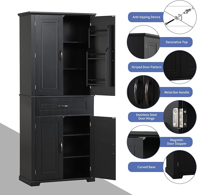 72.2" Tall Storage Cabinet with 4 Doors and Drawer, Freestanding Linen Cabinet, Wooden Pantry with Adjustable Shelf for Kitchen, Bathroom, Living Room Black-CasaMuseHome