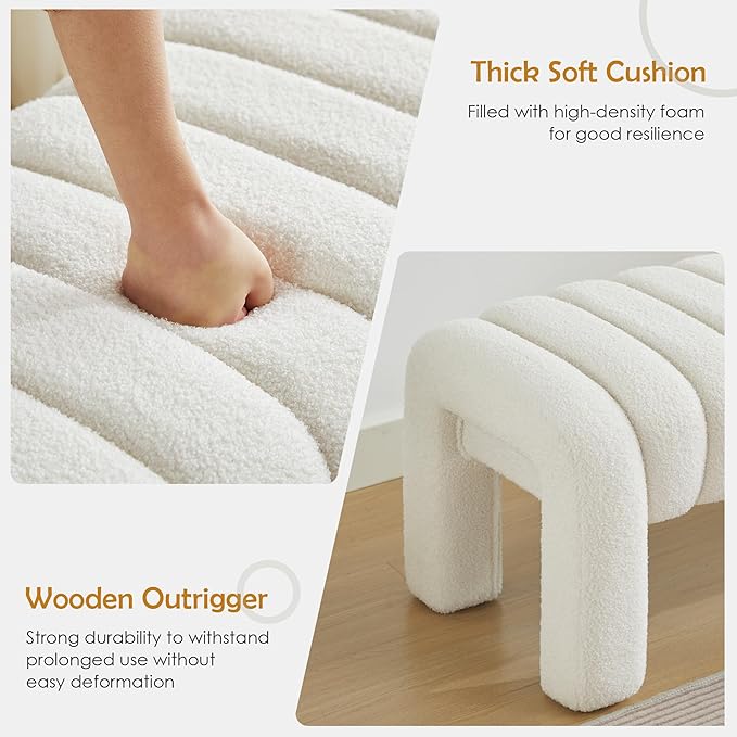 43.3" Bedroom Bench, Upholstered Entryway Bench, Modern End of Bed Ottoman with Solid Wood Legs and Adjustable Foot Pegs for Entryway, Dining Room and Living Room (White Teddy)-CasaMuseHome