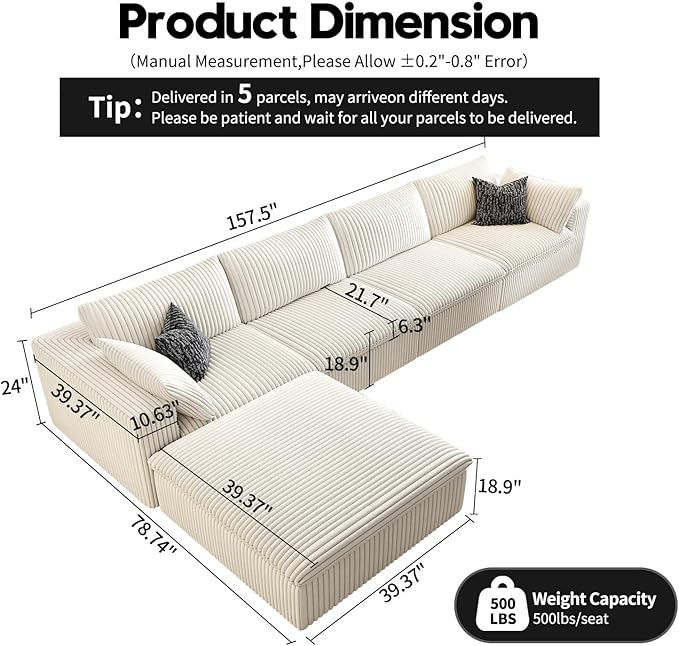 157.5" Cloud Couch Modular Sectional Sofa for Living Room,Modern Sofa with Deep Seat，L-Shape Boneless Couch with Ottoman,Comfy Upholstered Corduroy Couches for Apartment, Studio, Office,Bedroom，White-CasaMuseHome