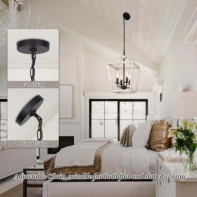 4 Light Rustic Chandelier, Farmhouse Lantern Fixture with Brushed White Oak Cage and Adjustable Chain, E12 Base Geometric Hanging Light Fixture Ceiling lighting for Entryway Kitchen Island, Indoor Use-CasaMuseHome