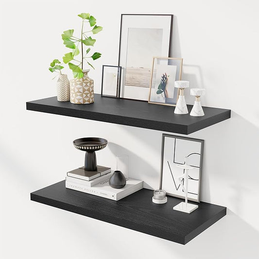 30" Floating Shelves for Wall, 12" Deep Slim Black Floating Shelves, Wall-Mounted Shelves for Bedroom, Living Room, Kitchen, Bathroom - Set of 2-CasaMuseHome