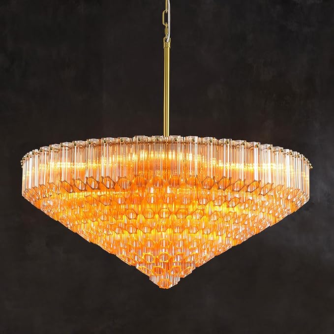 30" Modern Dining Room Chandeliers, 13-Light Amber Crystal Chandeliers, Dimmable Blown Glass Chandelier for Living Room, Round Glod Large Chandelier for High Ceiling, Bedroom, Entryway, Staircase-CasaMuseHome