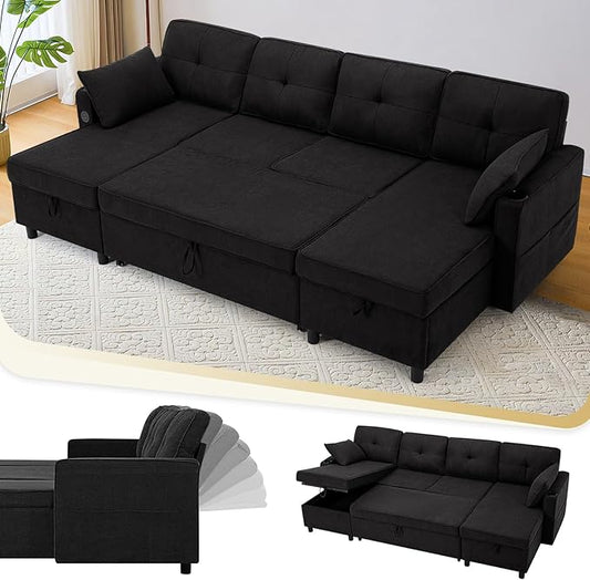 110 Inches Chenille Sectional Sofa w/Pull Out Sofa Bed & Adjustable Back, Tufted U Shaped Couch w/Two Storage Chaises, Sleeper Sectional Sofa w/USB Port & Cup Holders for Living Room, Black-CasaMuseHome