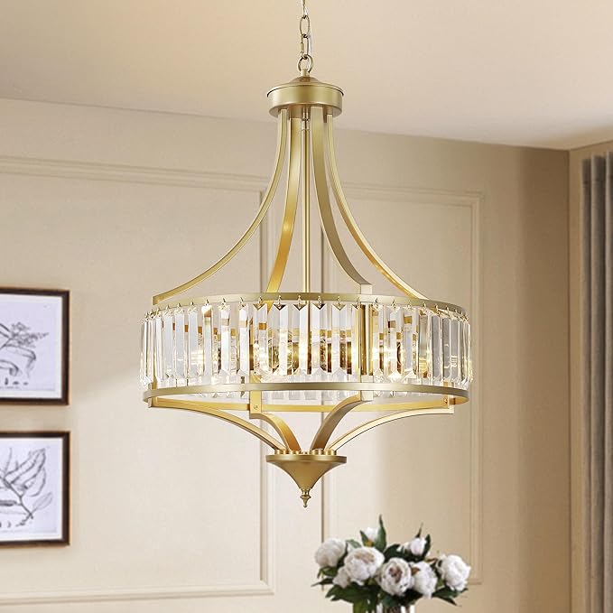 20" Modern Crystal Chandelier, 5-Light Gold Dinning Room Light Fixtures Over Table, Hanging Round Pendant Chandelier for Kitchen Island Entryway Bedroom Office Bathroom Stairwell-CasaMuseHome