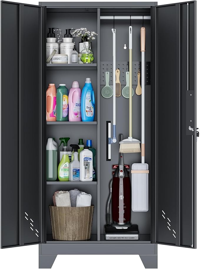 61" Broom Closet Storage Cabinet, Metal Storage Cabinet with Doors, Utility Cabinets for Brooms and Mops, Cleaning Tool Cabinets for Garage, Laundry Room, Bathroom-CasaMuseHome