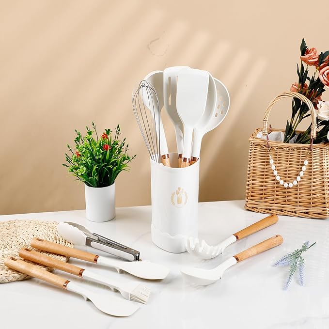 13-Piece silicone utensil set wood handle nonstick cookware safe dishwasher safe kitchen tools BPA free heat resistant (450°F/230°C) ceramic pan safe cooking gifts housewarming (White)-CasaMuseHome